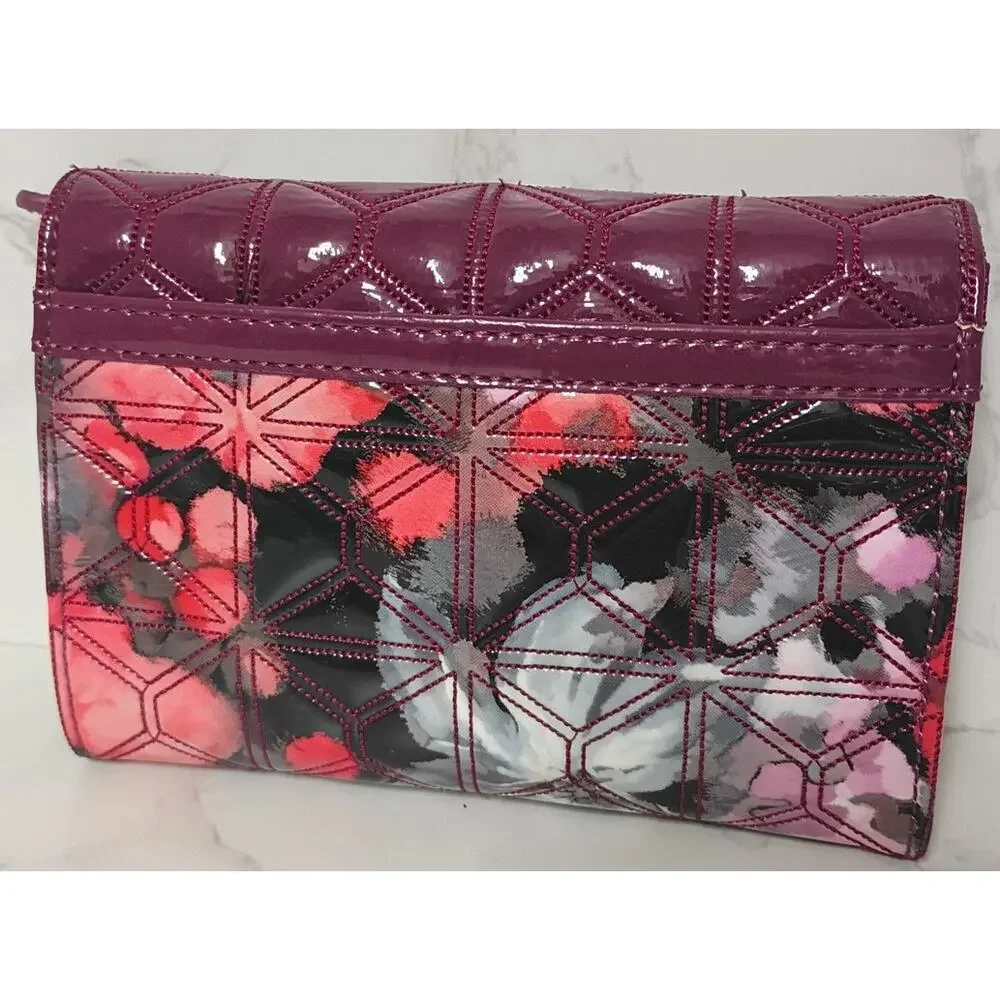 SHARIF Quilted Floral & Plum Patent Leather Wallet/Crossbody - EUC